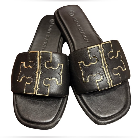 Tory Burch Double T Sport Slides Black Slides with Gold Emblem - Picture 2 of 12